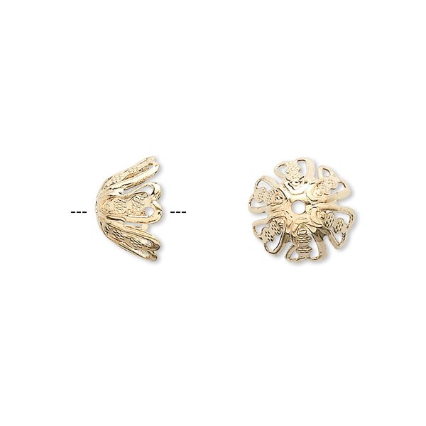 Bead cap, gold-finished brass, 11x6mm textured flower with cutouts, fits 10-12mm bead. Sold per pkg of 100. image number 0