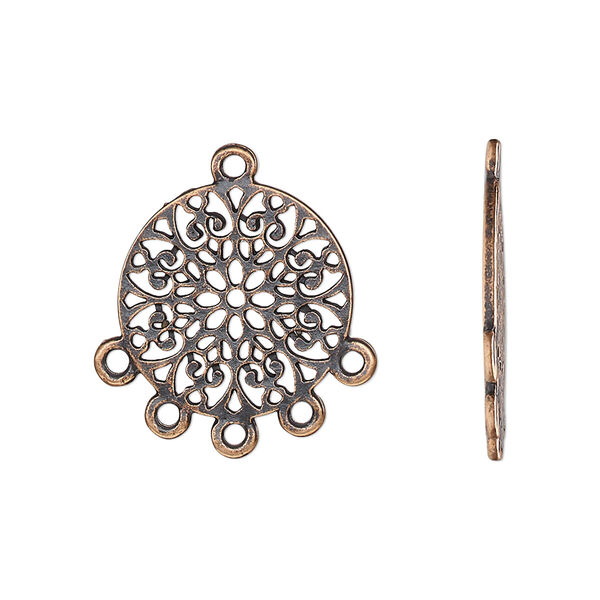 Drop, antique copper-finished "pewter" (zinc-based alloy), 18mm double-sided flat round with cutout mandala and 5 closed loops. Sold per pkg of 20. image number 0