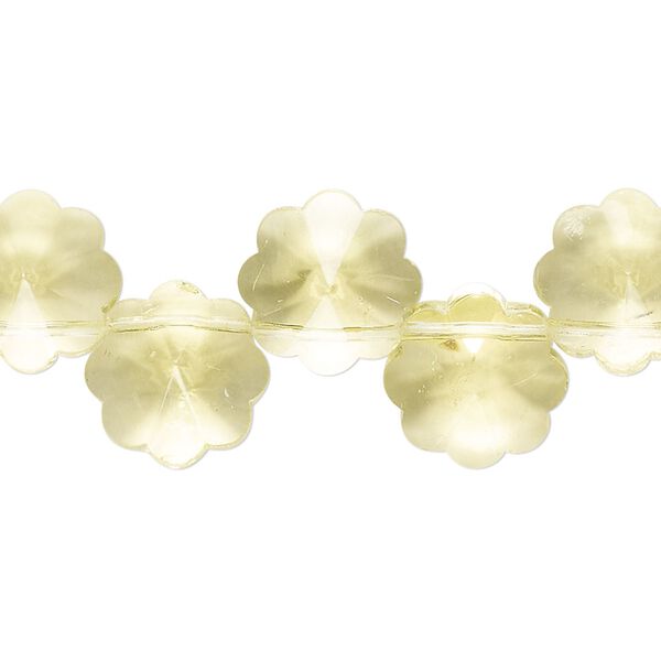 Bead, glass, transparent light yellow-green, 12mm top-drilled faceted flower. Sold per 15-inch strand, approximately 40 beads. image number 0
