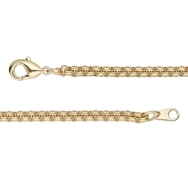 Chain, gold-finished brass, 3mm tight rolo, 24 inches with lobster claw clasp. Sold individually. image number 0