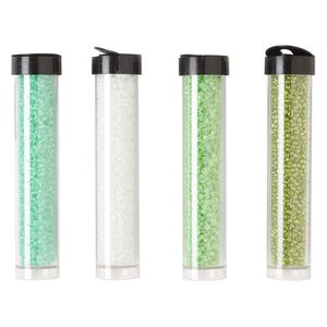 Seed bead assortment, Ming Tree™, glass, pkg/(4) 4 x 3/4 inch vials, #11 round, opaque and transparent ceylon, luster and color-lined white, lime green, green and mint green.