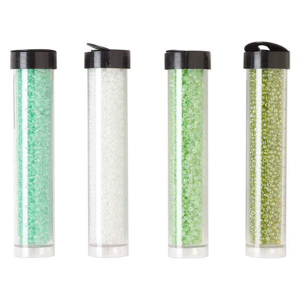 Seed bead assortment, Ming Tree™, glass, pkg/(4) 4 x 3/4 inch vials, #11 round, opaque and transparent ceylon, luster and color-lined white, lime green, green and mint green. image number 0