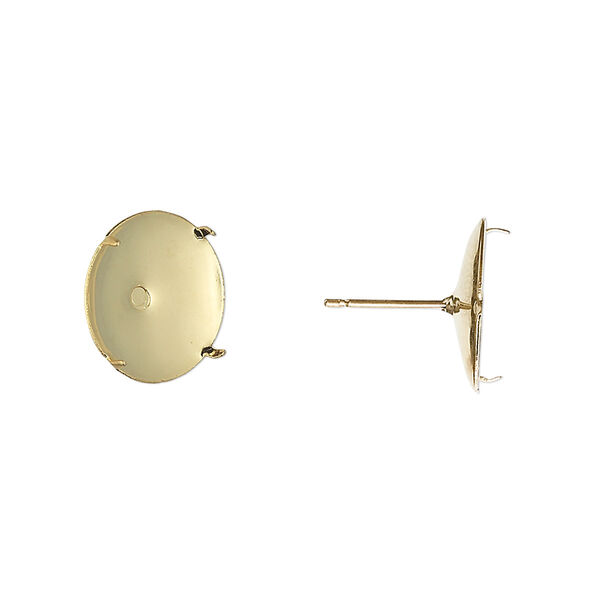 Earstud, gold-plated steel and stainless steel, 14mm round flat pad with 13mm 4-prong round setting. Sold per pkg of 5 pairs. image number 0