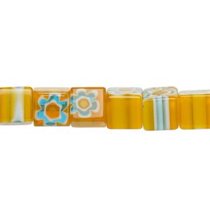 Bead, millefiori glass, golden orange, 7-9mm cube with flower and stripe design. Sold per 14-inch strand.
