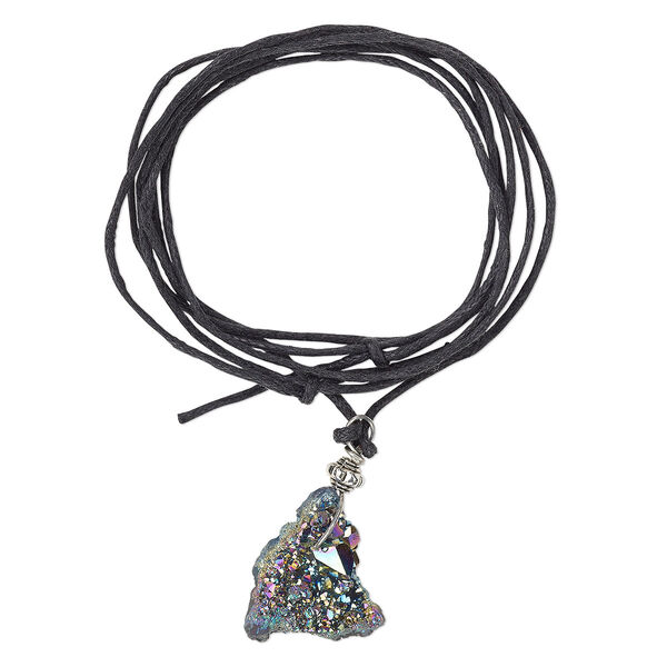 Druzy agate / "pewter" (zinc-based alloy) / steel 1pkg1, rainbow freeform necklace adjustable 16-32 inch 25x15mm-34x21mm image number 0