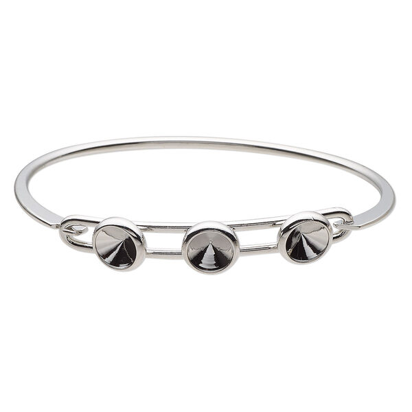 Bracelet, Almost Instant Jewelry®, bangle, imitation rhodium-finished brass, 11mm wide with (3) SS39 rivoli glue-in settings and latch bar, 8 inches. Sold individually. image number 0