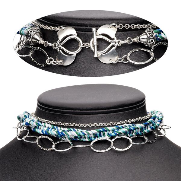 Necklace, One of a Kind Jewelry, sterling silver / fine silver / satin cord, blue variegated, 16 inches with toggle clasp. Only one available. image number 0