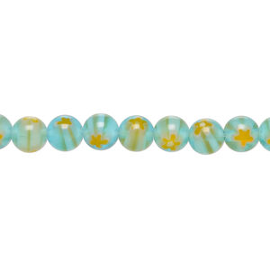 Bead, millefiori glass 1pkg1, translucent light aqua / white / orange, 6mm round, 15 inches.