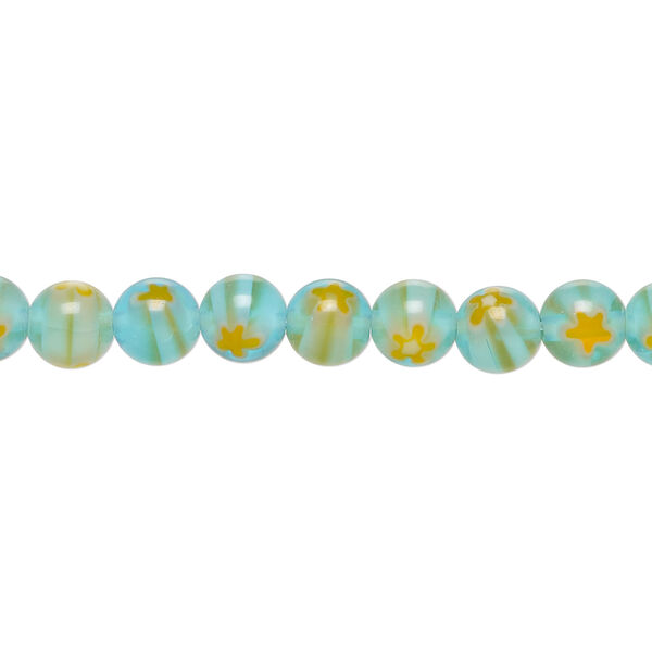 Bead, millefiori glass 1pkg1, translucent light aqua / white / orange, 6mm round, 15 inches. image number 0