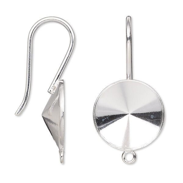 Ear wire Almost Instant Jewelry® 1pkg2 sterling silver, 32mm / 16mm rivoli glue-in setting, 18 gauge 1 pair image number 0
