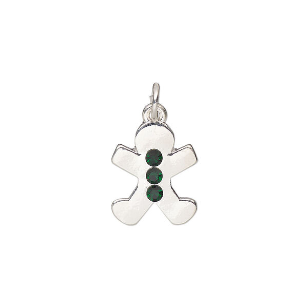 Charm, silver-finished "pewter" (zinc-based alloy) and glass, green, 15x12.5mm gingerbread cookie. Sold per pkg of 6. image number 0