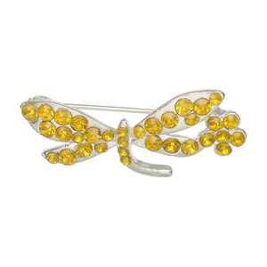 Brooch, silver-finished brass and glass, topaz yellow, 31x12mm-32x13mm dragonfly with flower. Sold individually.