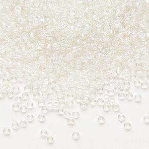 Seed bead, Miyuki, glass, pkg/25g, #11 rocaille, translucent white pearl-lined rainbow pale beige, (RR-3801).
