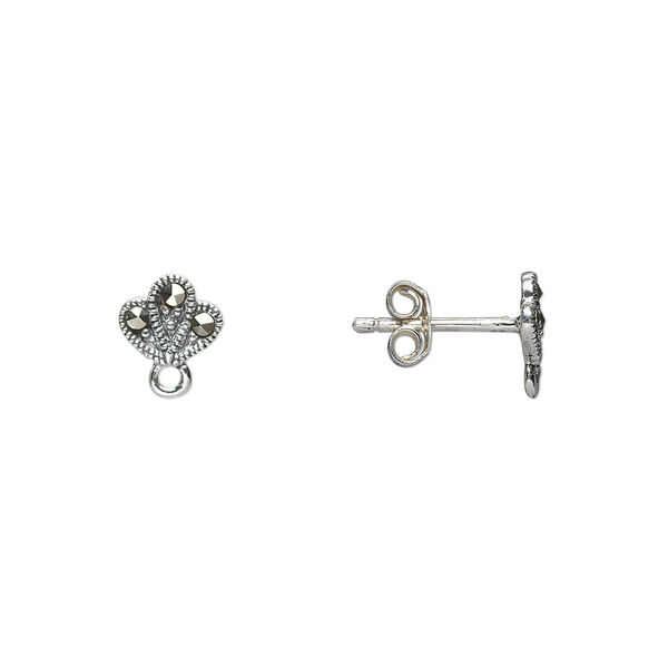 Earstud, marcasite (natural) and sterling silver, 7x6mm fan with open loop. Sold per pair. image number 0