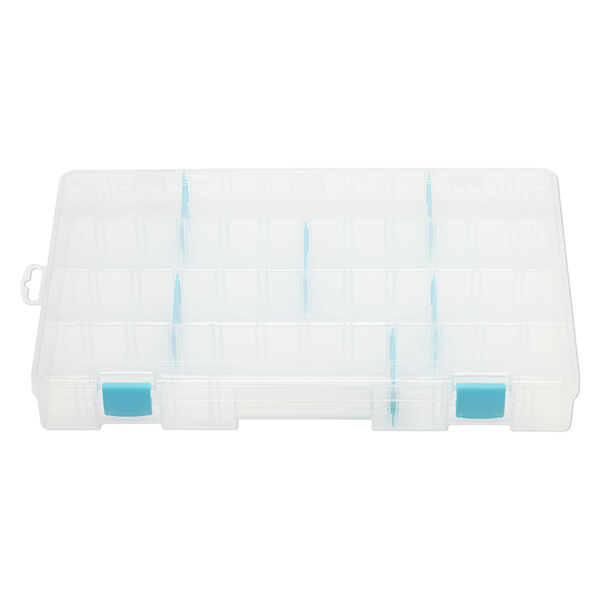 Organizer, ArtBin® tarnish inhibitor, plastic, clear and teal blue, 14-1/8 x 9 x 2 inches, 19 adjustable compartments. Sold individually. image number 1