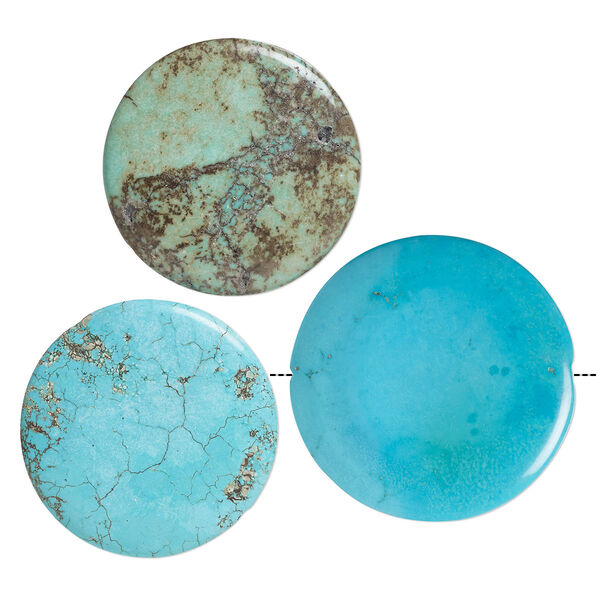 Bead mix, magnesite (dyed / stabilized), light brown / blue-green / blue, 44-50mm puffed flat round, C grade, Mohs hardness 3-1/2 to 4. Sold per pkg of 3. image number 0