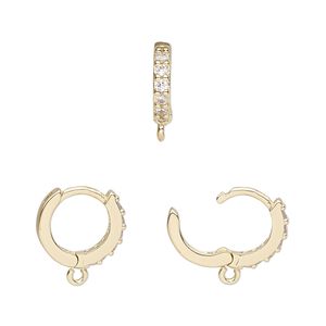 Hoop, gold-finished brass and cubic zirconia, clear, 13mm hoop, 17 gauge. Sold per pair.