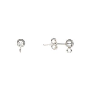 Earstud 1pkg2 sterling silver, 4mm diamond-cut ball / closed loop / earnuts, 1 pair