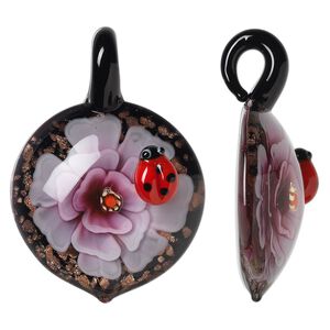 Pendant, lampworked glass, pink and multicolored with copper-colored foil, 50x34mm single-sided domed round with flower and ladybug design. Sold individually.