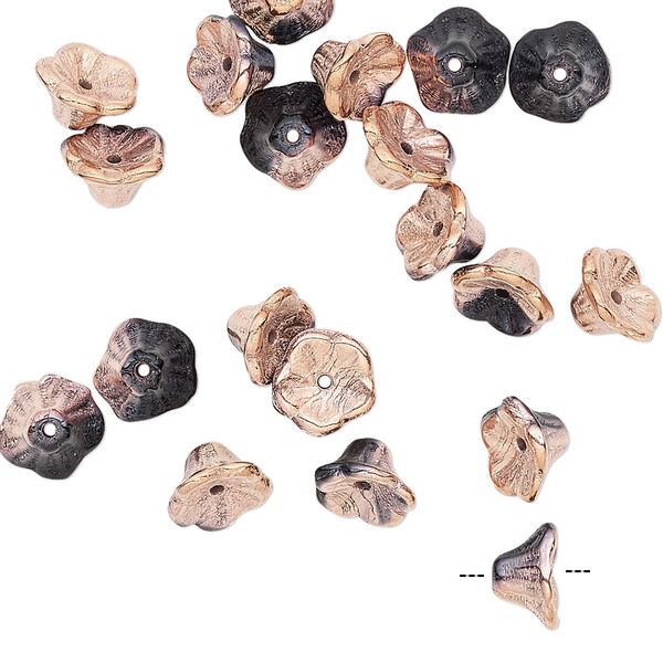 Bead, Preciosa, Czech pressed glass, opaque jet half-coated copper, 7x4.5mm flower. Sold per pkg of 20. image number 0