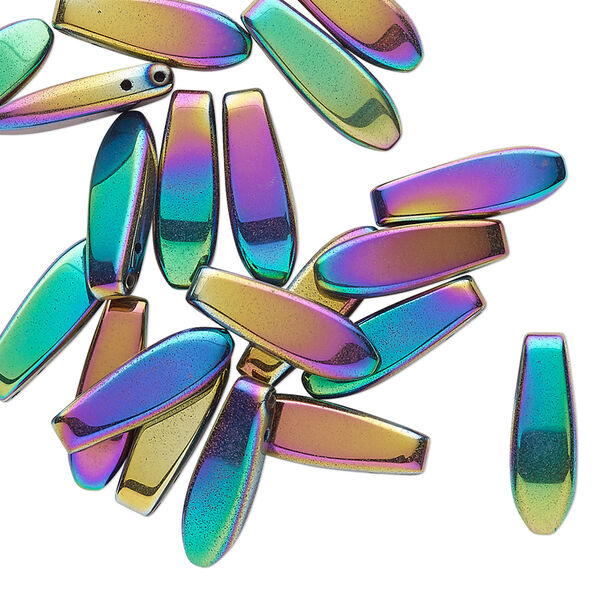 Bead, electroplated Hemalyke™ (man-made), rainbow, 14.5x5mm top-drilled teardrop with (2) 0.7mm holes. Sold per pkg of 20. image number 0