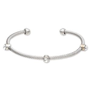 Bracelet, cuff, Czech glass rhinestone with silver-finished "pewter" (zinc-based alloy) and brass, clear, 3mm twisted cable with 6mm faceted round, 7-1/2 inch adjustable. Sold individually.