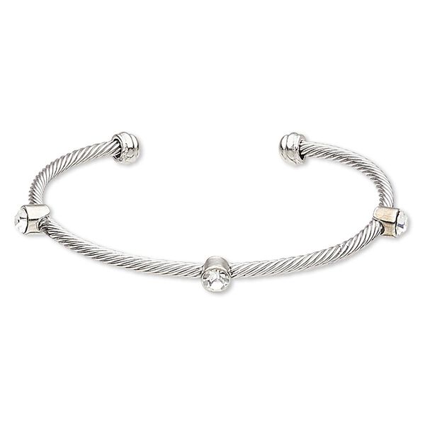 Bracelet, cuff, Czech glass rhinestone with silver-finished "pewter" (zinc-based alloy) and brass, clear, 3mm twisted cable with 6mm faceted round, 7-1/2 inch adjustable. Sold individually. image number 0