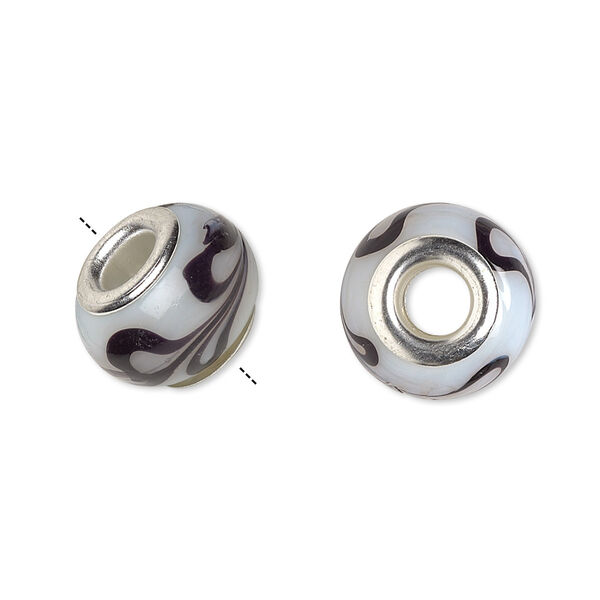 Bead, Dione®, lampworked glass with silver-plated brass grommets, opaque white and brown, 14x9mm rondelle with swirls. Sold per pkg of 6. image number 0