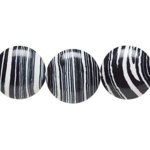 Bead, resin, black and white, 16mm flat round. Sold per 15" to 16" strand.