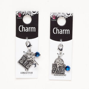 Charm 1pkg2, antique silver-finished brass / steel and glass, 19x15mm lock and key with lobster claw clasp.