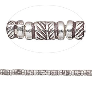 Bead, Hill Tribes, antiqued sterling silver, 5x2mm tube with leaf. Sold per 8-inch strand, approximately 35 beads.