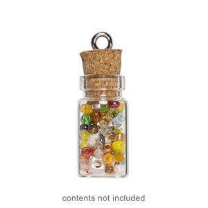 Component, glass / cork / nickel-finished steel, clear, 22x11mm bottle with stopper and screw eye. Sold per pkg of 10.