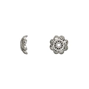 Bead cap, antique silver-plated "pewter" (zinc-based alloy), 9x3mm flower, fits 8-14mm bead. Sold per pkg of 50.