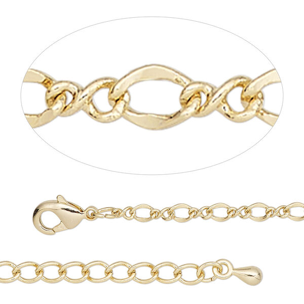 Chain, gold-finished steel and brass, 2.7mm figure 8, 18 inches with 2-inch extender chain and lobster claw clasp. Sold individually. image number 0