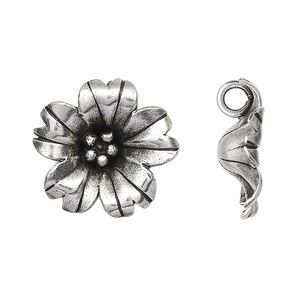 Charm, Hill Tribes, antiqued sterling silver, 20mm flower. Sold individually.