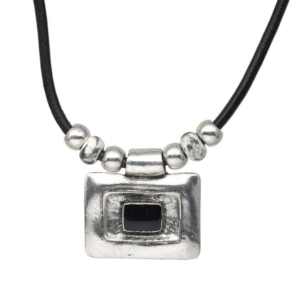 Necklace, antique silver-plated "pewter" (zinc-based alloy) and steel / leather / porcelain, black / white / grey, 52x40mm rectangle with smooth leather cord, 18-inches with lobster claw clasp with 3-inch extender chain. Sold individually. image number 0