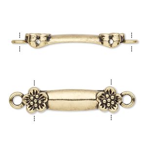 Link, antique gold-finished "pewter" (zinc-based alloy), 30x8mm double-drilled bar with flower design, fits up to 21.5mm bead. Sold per pkg of 10.