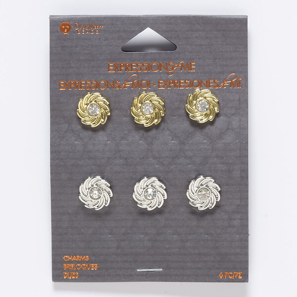 Slide mix, glass / silver- / gold-finished "pewter" (zinc-based alloy), clear, 12mm swirl, 6.5mm hole. Sold per pkg of 6. image number 0