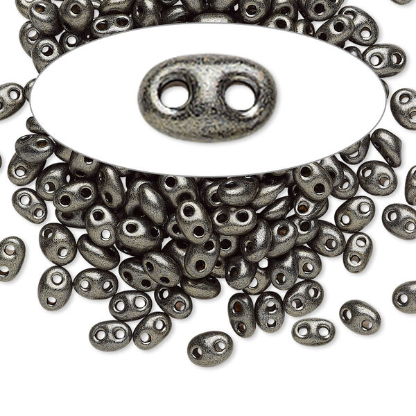 Seed bead, Preciosa Twin™ Czech glass, pkg/50g, 5x2.5mm oval, opaque dark khaki green terra pearl black, (28992). image number 0