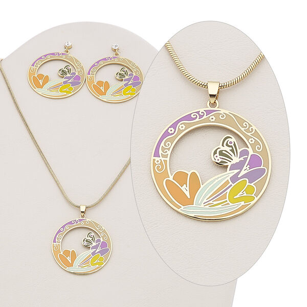 Necklace and earring set, enamel / Czech glass rhinestone / gold-plated brass, multicolored, 38mm open round with flower and butterfly design, 15" to 16" necklace with 2-inch extender chain and lobster claw clasp, 47mm earrings with post. Sold per set. image number 0