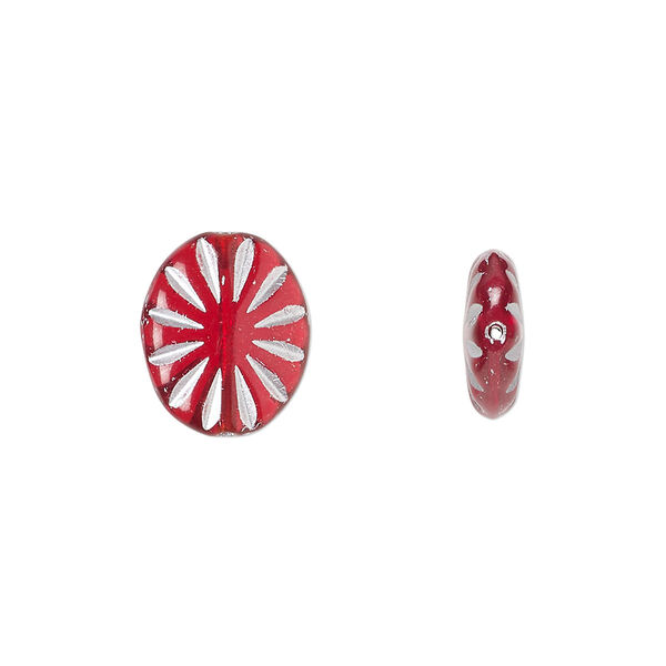 Bead, Preciosa, Czech pressed glass, opaque red,  matte silver, 14x11mm fluted flat oval. Sold per pkg of 10. image number 0