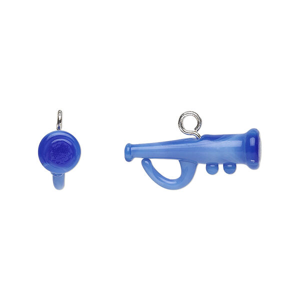Drop, lampworked glass with silver-finished steel, dark blue, 20x8mm trumpet. Sold per pkg of 2. image number 0