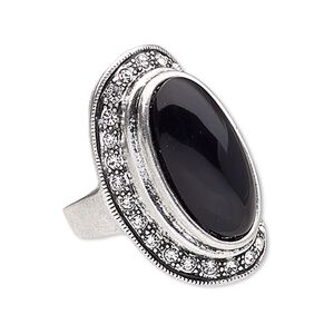 Ring, glass rhinestone / resin / antique silver-plated "pewter" (zinc-based alloy), black and clear, 33x20mm oval, size 8. Sold individually.