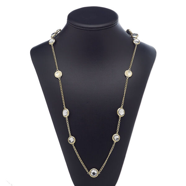 Necklace, acrylic / gold-finished brass / steel / "pewter" (zinc-based alloy), clear, flat round, 39 inches with 3-inch extender chain and lobster claw clasp. Sold individually. image number 0