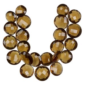 Golden quartz 1pkg1, hand-cut top-drilled faceted puffed flat round bead 7 inch graduated 15-21mm