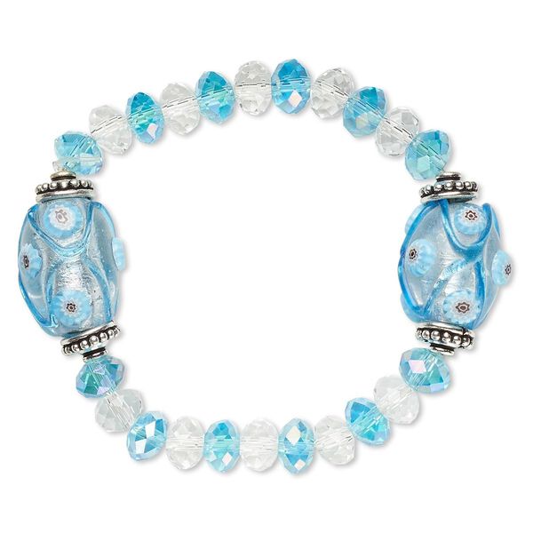 Bracelet, stretch, glass / lampworked glass / millefiori glass / antique silver-finished brass, clear / aqua / light blue with silver-colored foil, 18x16mm oval, 6 inches. Sold individually. image number 0
