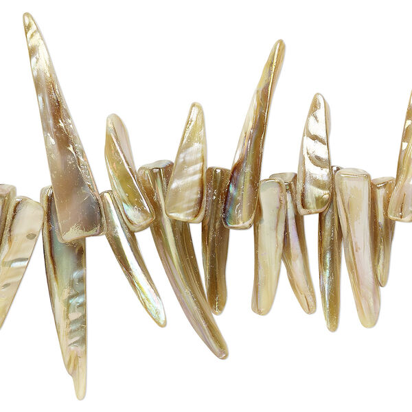 Bead, mother-of-pearl shell (dyed), tan AB, 18x1mm-33x4mm top-drilled talon with 0.4-0.6mm hole, Mohs hardness 3-1/2. Sold per 15-inch strand. image number 0