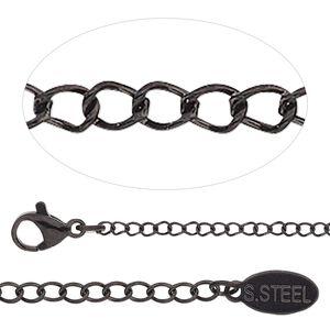 Chain 1pkg1 curb, 1.9mm / lobster claw clasp, black-finished stainless steel 30 inch