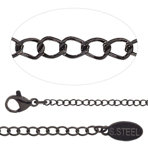 Chain, black-finished stainless steel, 1.9mm curb, 30 inches with 2-inch extender chain and lobster claw clasp. Sold individually. image number 0