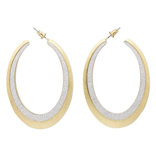 Earring, stainless steel with gold-finished brass and steel, silver with glitter, 2 inches with scratched open oval hoop and post. Sold per pair. image number 0